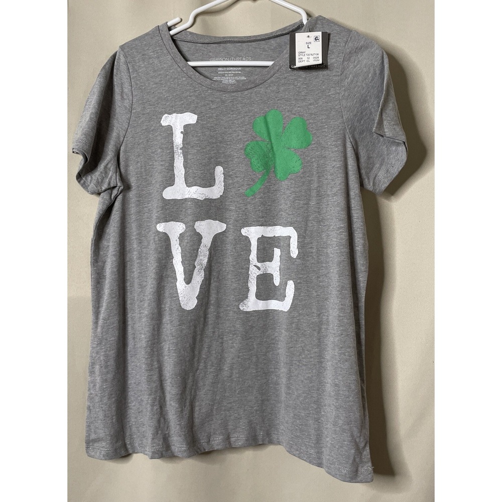 Grayson Threads Womens Large T-Shirt Gray Love Shamrock St Patricks Day NWT